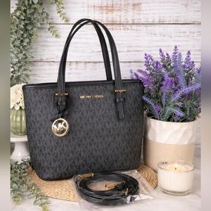 Michael Kors Black Monogram Jet Set Tote Small bag with‎ Gold Accents